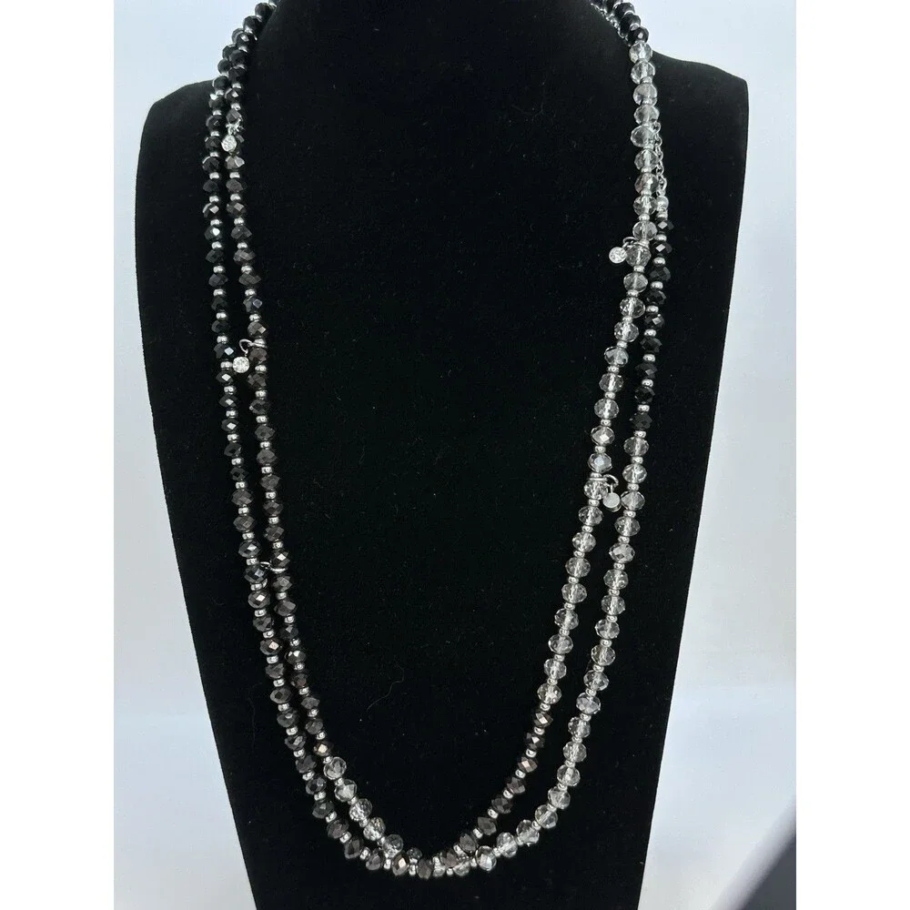 Vera Wang Necklace Black Grey Beaded Silver Tone Rhinestone Long Opera Length